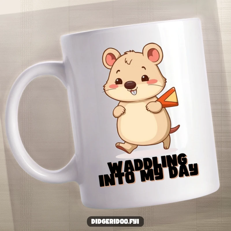 Funny wombat mug showing a cheerful wombat waddling with a smile, carrying a tiny boomerang, embodying happiness.