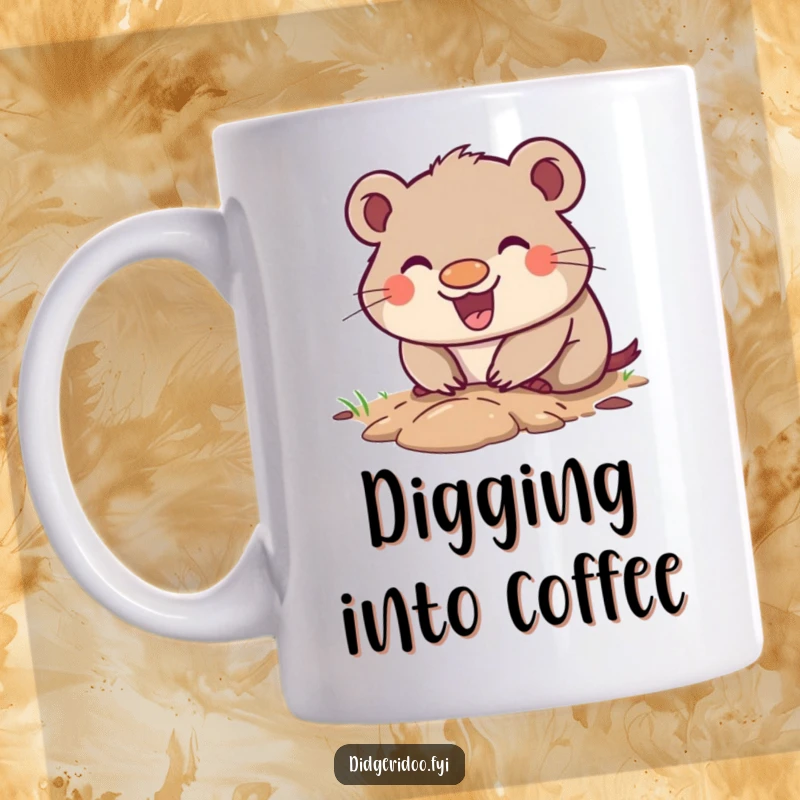 Funny Wombat Mug with a happy grin, enthusiastically digging a small hole, radiating cheerful and earthy humor.