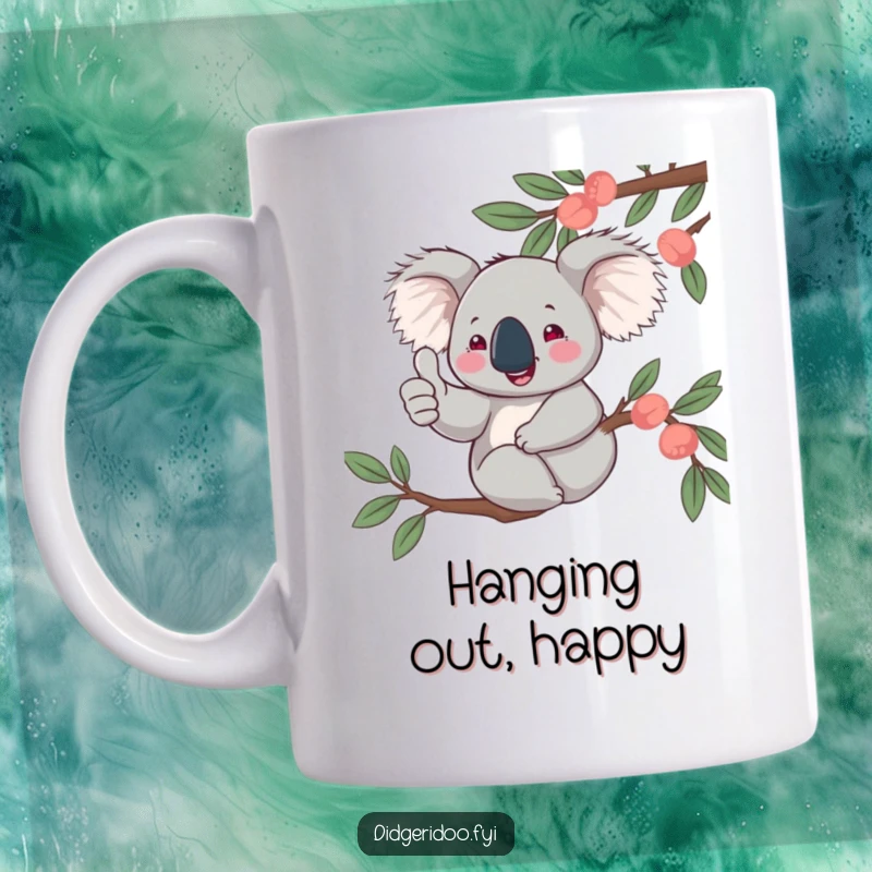 Funny, jovial koala character giving a thumbs up while perched on a eucalyptus branch, captured on a mug, full of good vibes.