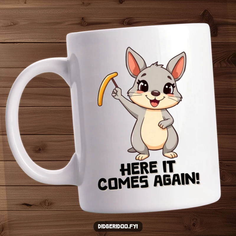 Funny wallaby boomerang mug featuring a cheerful cartoon wallaby waving a boomerang, a humorous Australian-themed gift.