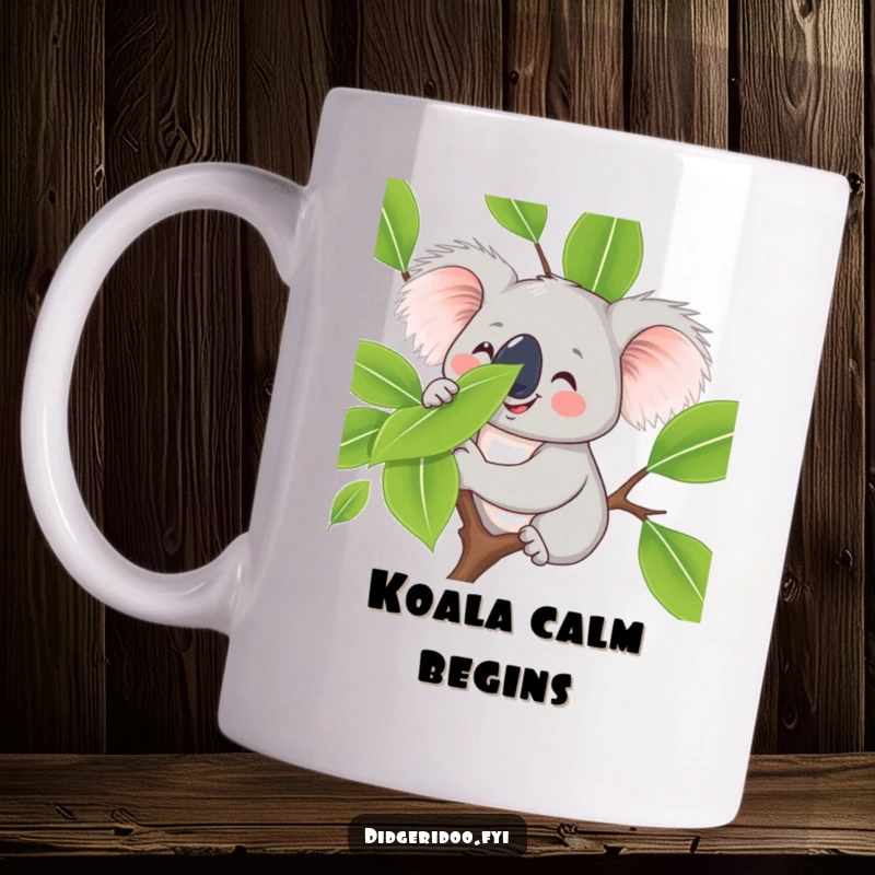 Funny koala mug, smiling and playfully balancing a eucalyptus leaf on its nose, embodying calm, cute, and humorous Australian charm.