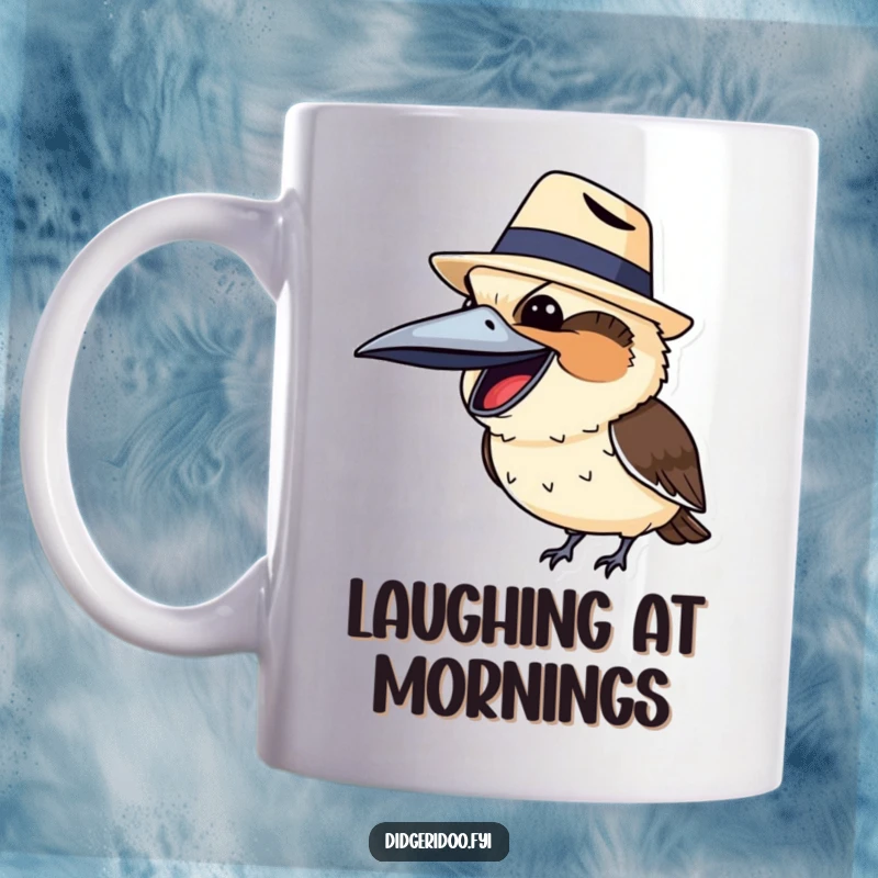 Funny kookaburra with its beak open in a hearty laugh, wearing a comically small Akubra hat, symbolizing Australian humor.