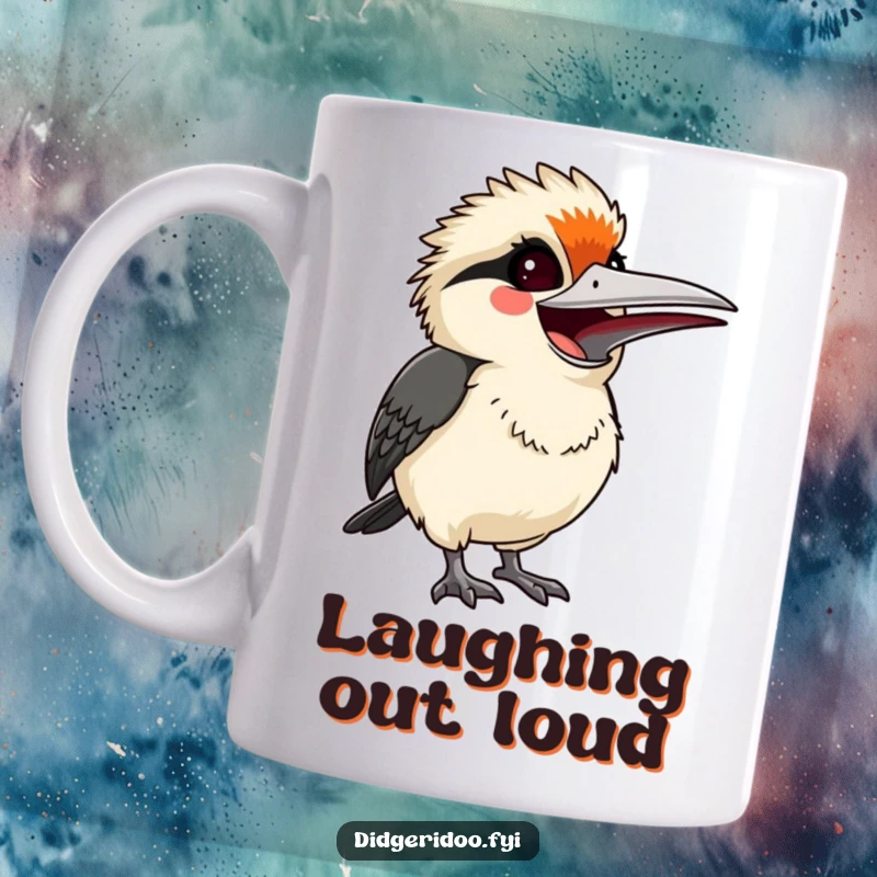 Funny startled but smiling kookaburra, letting out a joyful laugh, a comical and cheerful mug design for bird lovers.