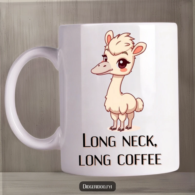 Funny emu mug showing a playful bird stretching its long neck with an inquisitive, curious expression, bringing a smile to your face.