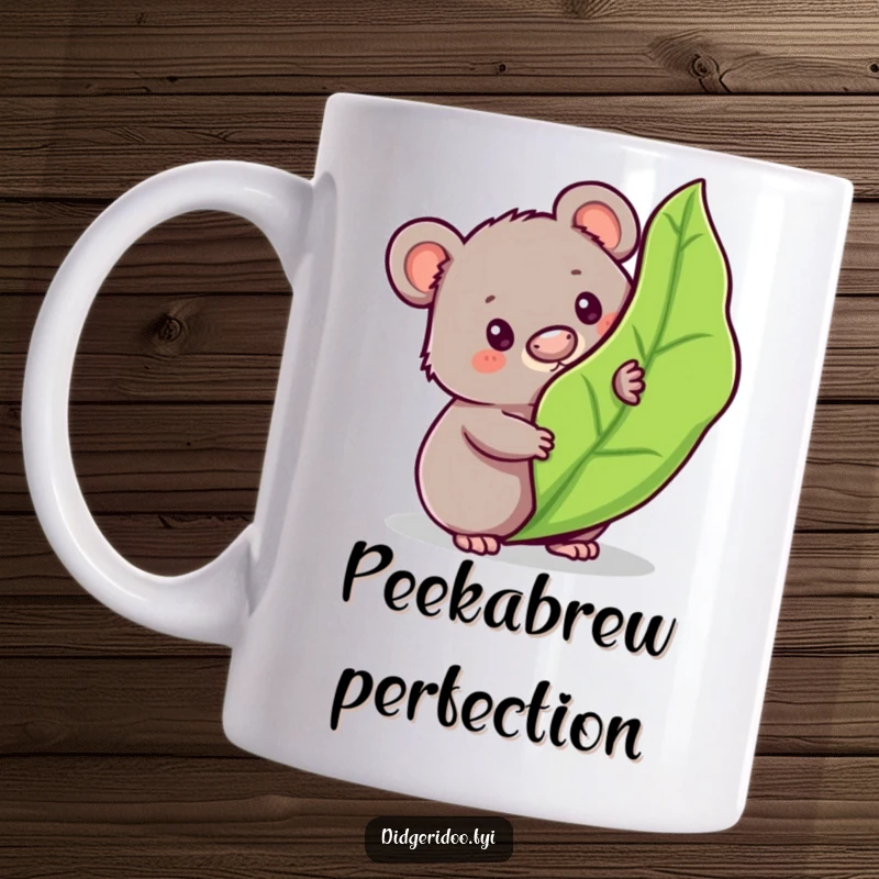Funny wombat mug featuring a curious character peeking from behind a bouncy gum leaf, embodying playful Aussie charm.
