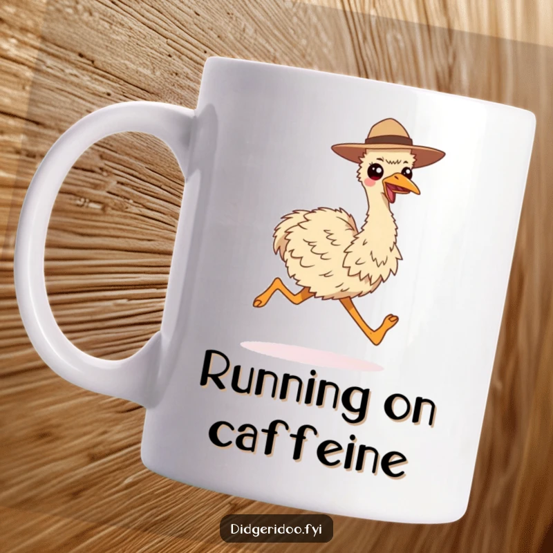 Funny mug depicting a smiling emu wearing a hat, running with impressive long strides, radiating happiness and energy.