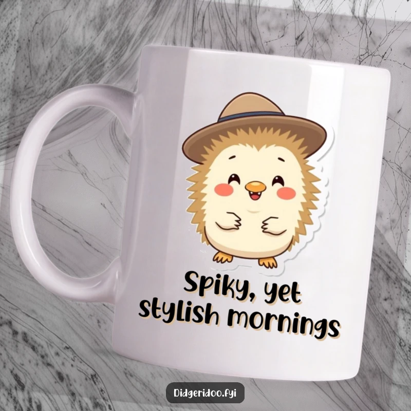 Funny echidna wearing a small Akubra hat, looking cheerful and ready for adventure, perfect for a coffee mug.