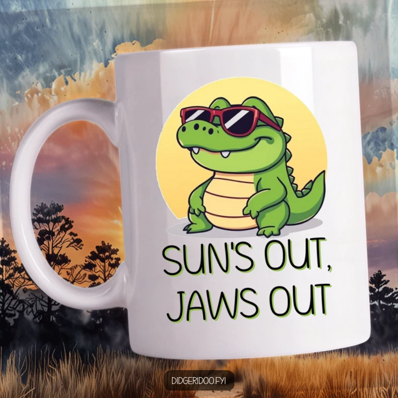 Funny crocodile mug showing a grinning reptile wearing sunglasses, relaxed and basking contentedly in the warm sun.