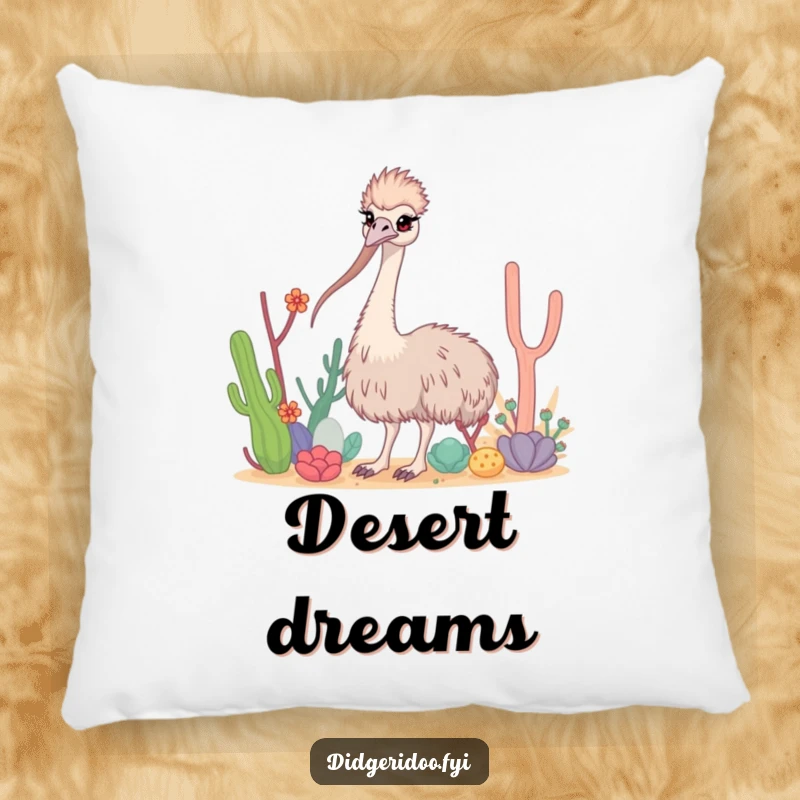 Funny Emu Pillow featuring a curious emu with a long neck weaving through desert plants, offering plush comfort.