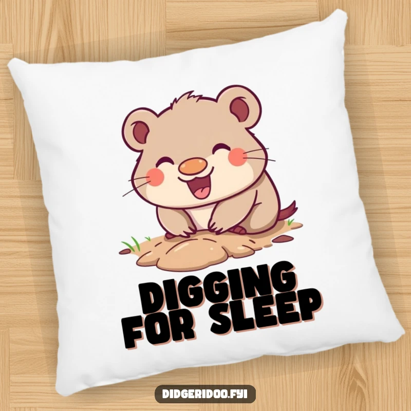 Funny Wombat Pillow with a happy grin, digging a small enthusiastic hole, offering comfort and a humorous Outback vibe.