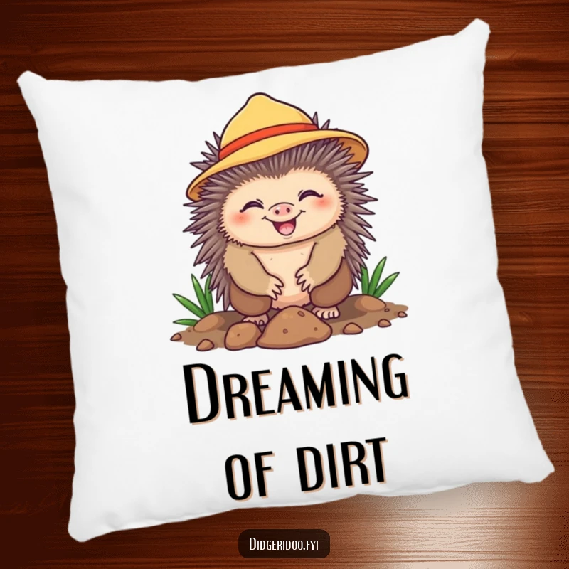 Funny Pillow showcasing a cheerful echidna in a sun hat, happily digging with a grin. A soft and humorous decorative item.