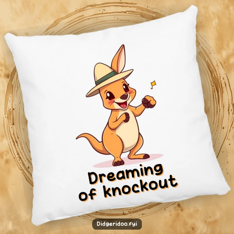 Funny pillow featuring a delighted kangaroo with an Akubra hat, playfully boxing, perfect for cozy and spirited humor.