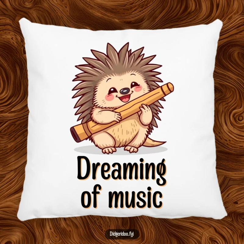 Funny playful echidna character happily playing a didgeridoo, on a plush pillow, bringing musical humor to relaxation.