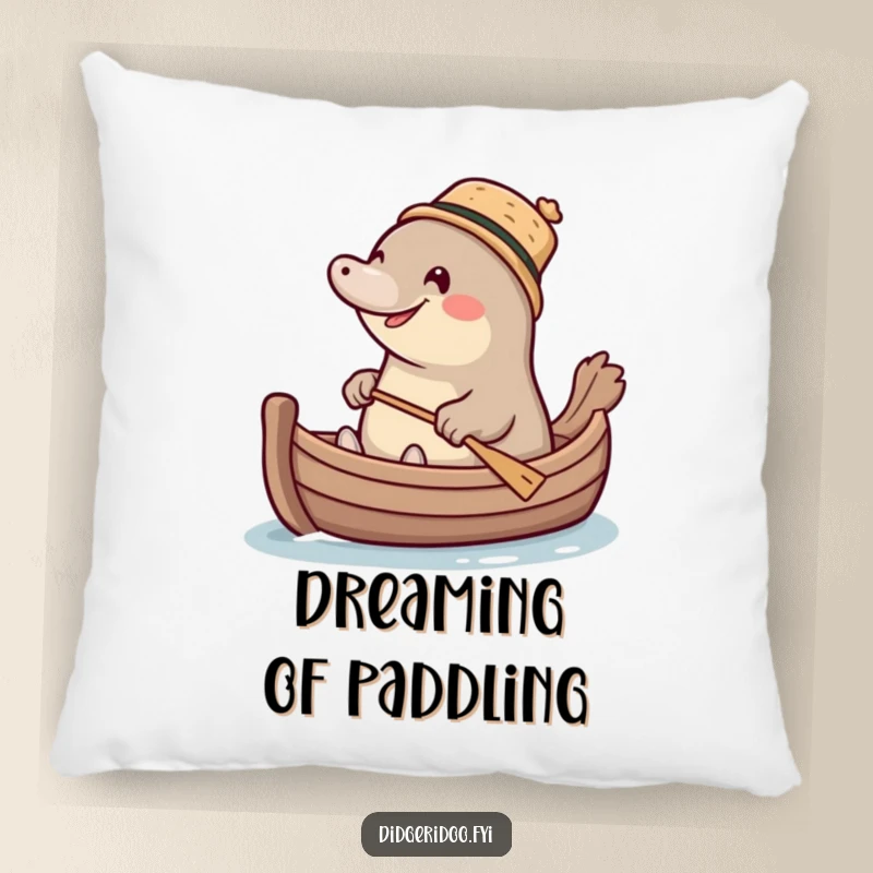 Funny giggling platypus wearing a tiny cork hat, paddling a miniature boat, a plush and humorous pillow for ultimate comfort.