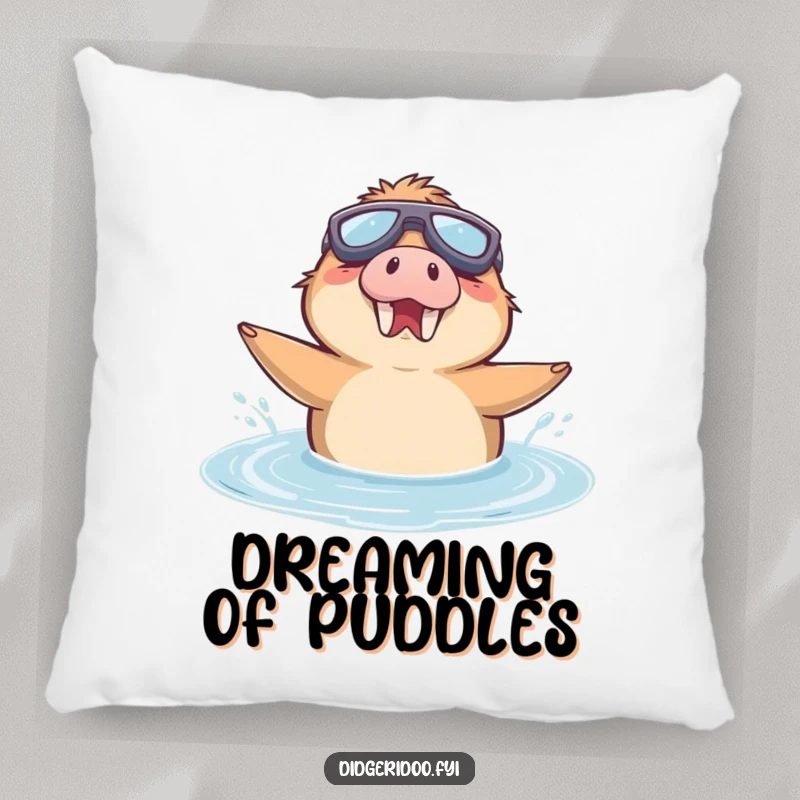Funny Pillow showing a delighted platypus wearing swimming goggles, enthusiastically swimming in a puddle.