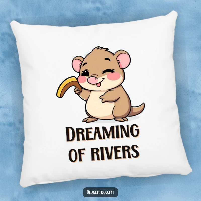 Funny platypus character pillow, winking and holding a small boomerang, offering a soft touch of quirky Australian humor and adventurous comfort.