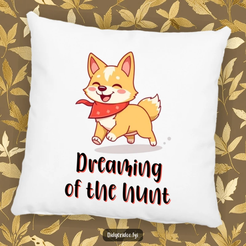 Funny dingo pillow with a bandana, showing a dingo chasing a shadow, a soft and humorous accent piece.