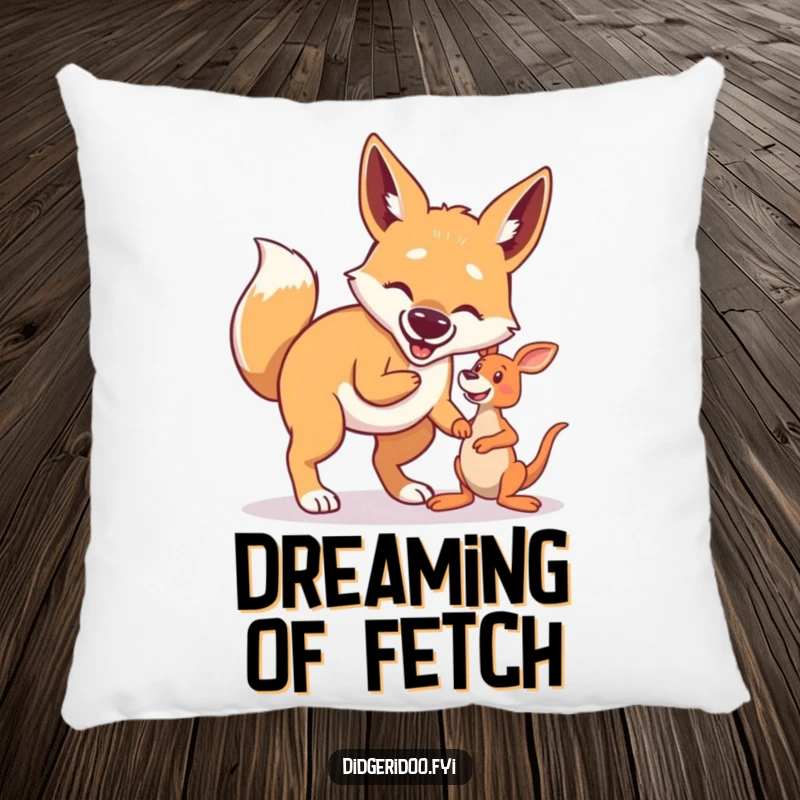 Funny Dingo Pillow: A proud dingo is playing fetch with a small kangaroo toy, bringing a warm, humorous vibe to any couch.
