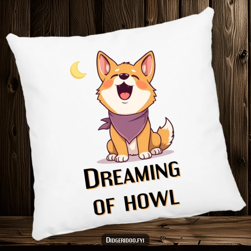 Funny Dingo Pillow: A delighted dingo wearing a bandana howls at a tiny moon, offering humorous comfort and style.