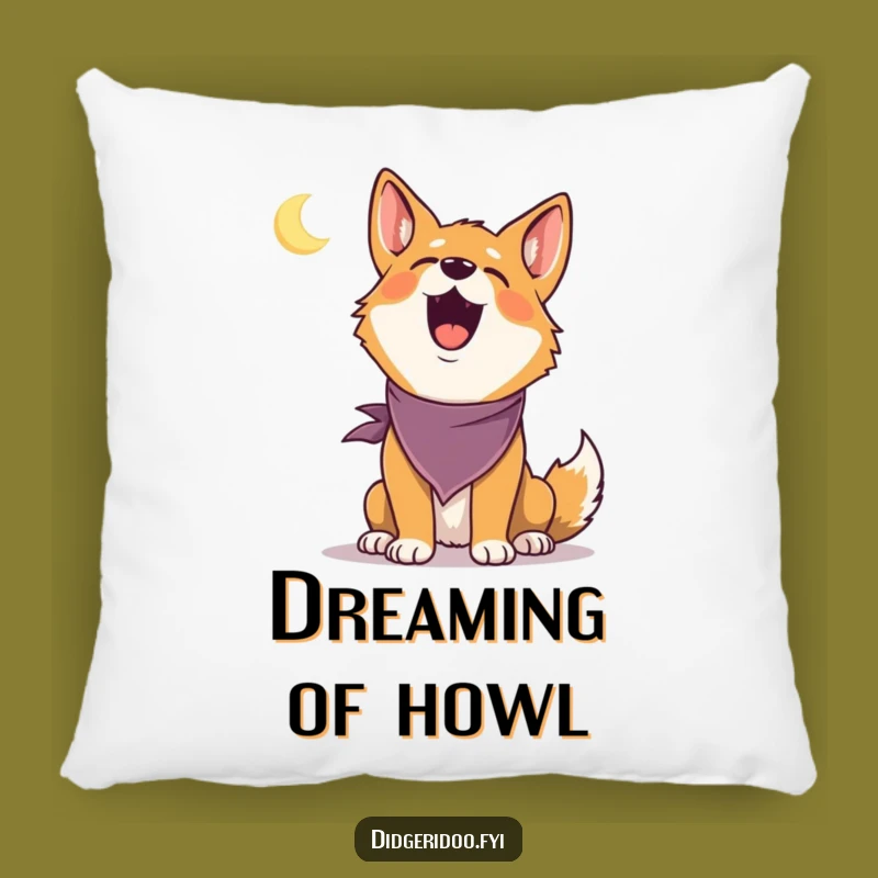 Funny Dingo Howling Pillow: Soft pillow with a delighted dingo bandana howling at moon, a cozy funny gift.
