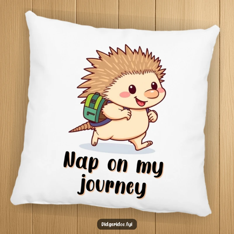 Funny Echidna Pillow: A happy echidna wearing a backpack waddles forward with determination, offering humorous comfort and support.