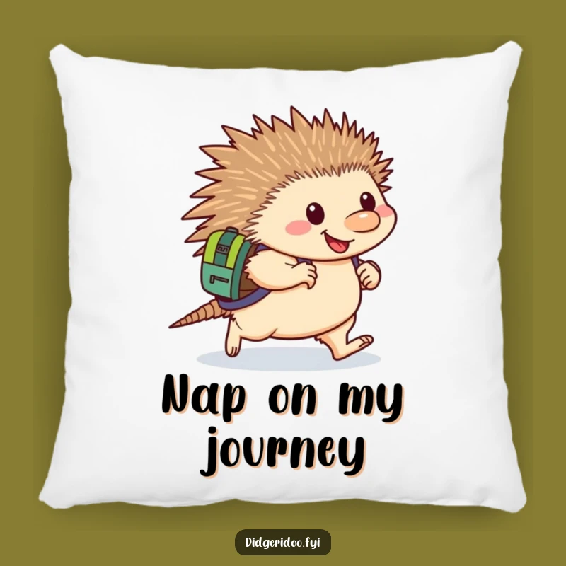Funny Echidna Determined Pillow: Soft pillow with a happy echidna backpack waddling, a cozy funny gift.