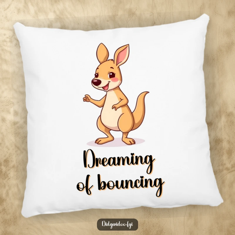 Funny smiling kangaroo character performing a silly little jig, on a plush pillow, bringing dance humor to relaxation.