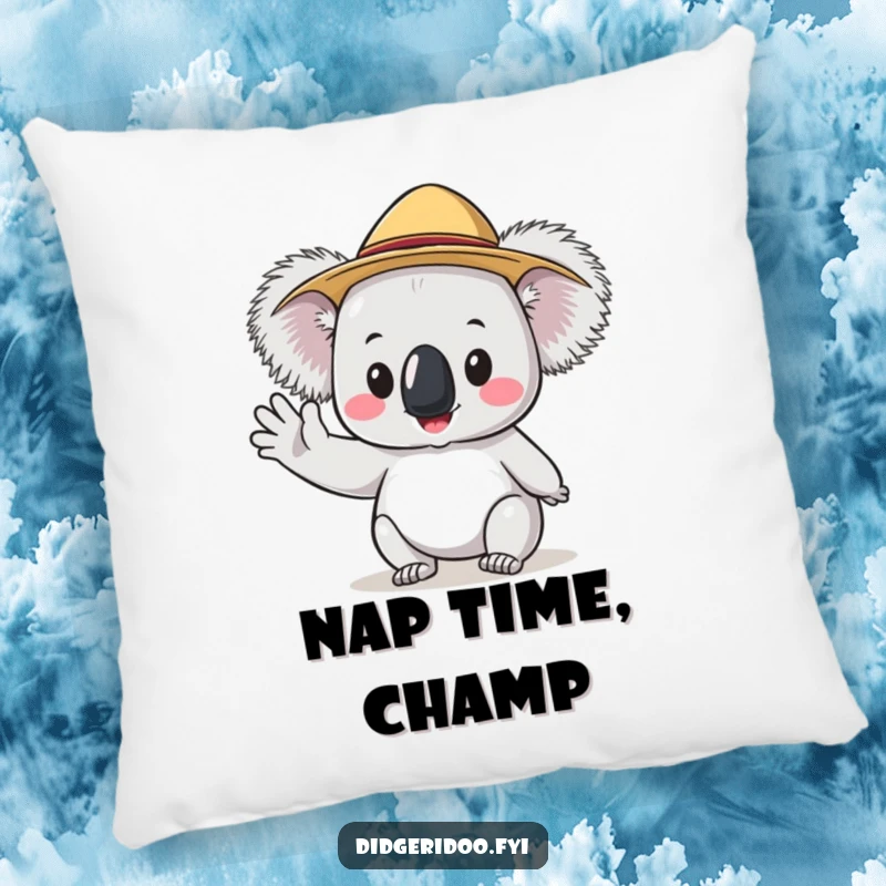 Funny Koala Pillow wearing an Akubra hat, cheerfully waving, offering comfort and a humorous Australian vibe.
