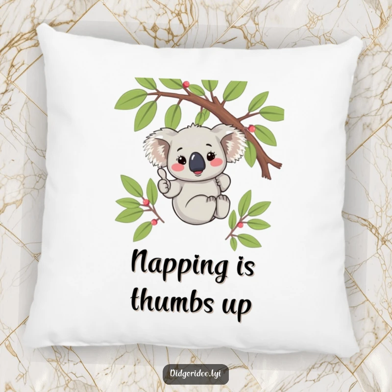 Funny Koala Thumbs Up Pillow: A soft pillow featuring a shy, blushing koala giving a thumbs up from a eucalyptus branch.