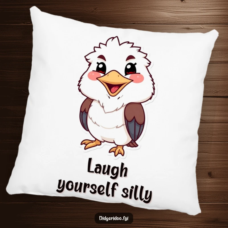 Funny kookaburra pillow featuring a grinning character with a wide, cheerful beak, bringing infectious Aussie humor and comfort.