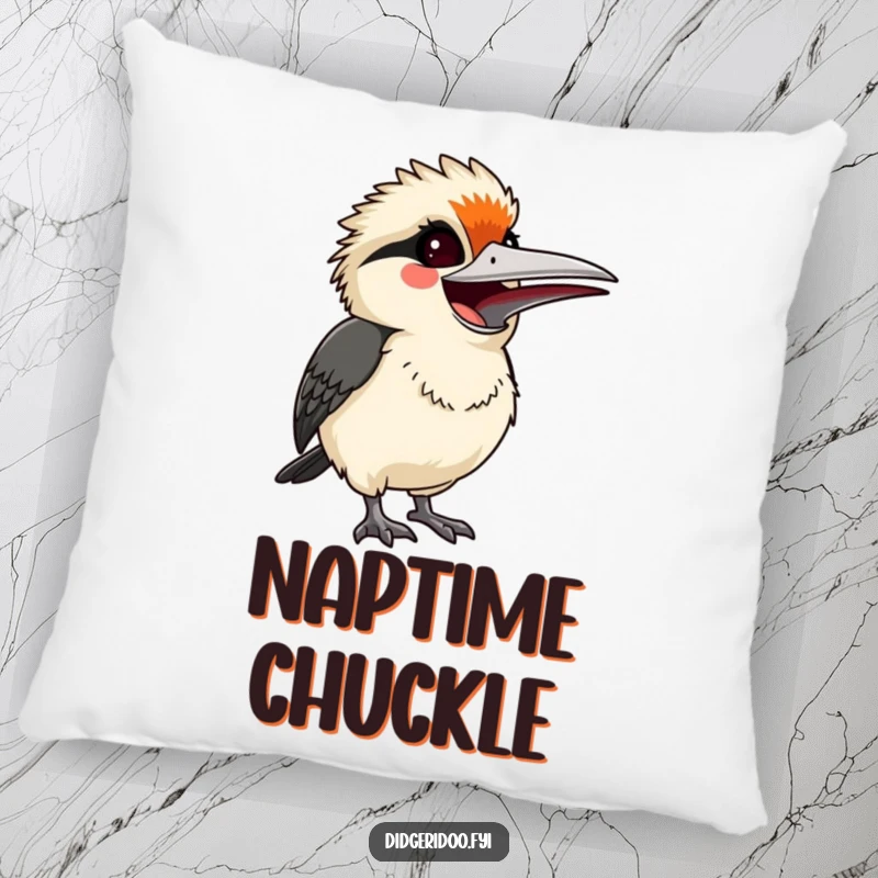 Funny startled but smiling kookaburra, letting out a joyful laugh, a plush and humorous pillow for ultimate comfort.
