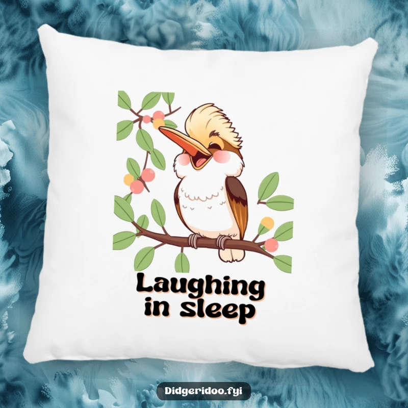 Funny Kookaburra Pillow: a plush cushion featuring a jubilant kookaburra laughing heartily from a eucalyptus branch, offering cozy humor.