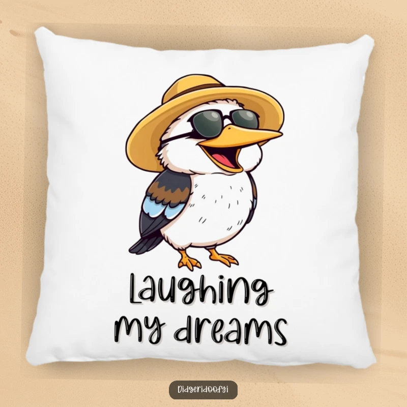 Funny Pillow showing a cheerful kookaburra wearing a sun hat, laughing heartily with a big smile.