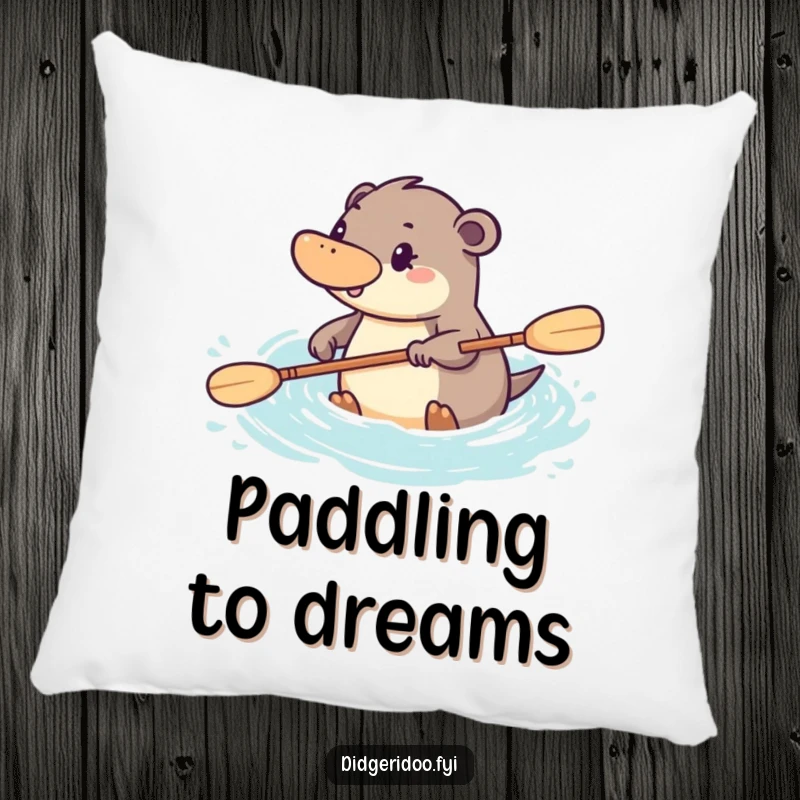 Funny platypus pillow featuring a determined character paddling energetically through stylized water, bringing motivational Aussie charm.