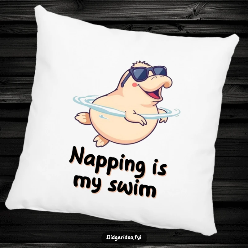 Funny Platypus Pillow wearing sunglasses, doing a happy synchronized swim, offering comfort and a humorous aquatic vibe.