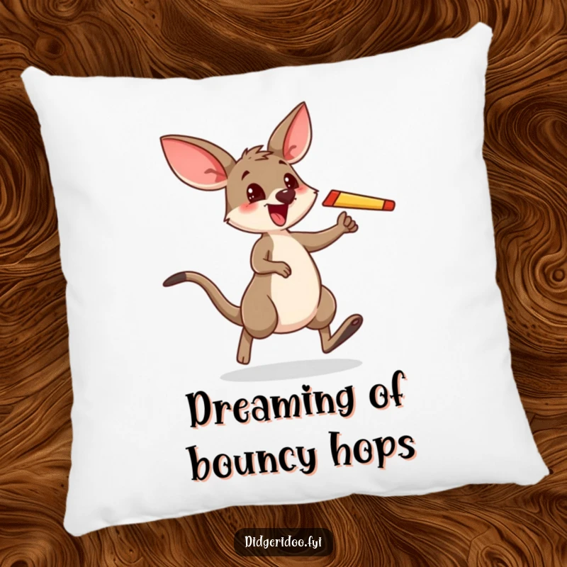 Funny pillow showcasing a cheerful wallaby performing a dynamic hop with a boomerang, perfect for cozy, comical moments.