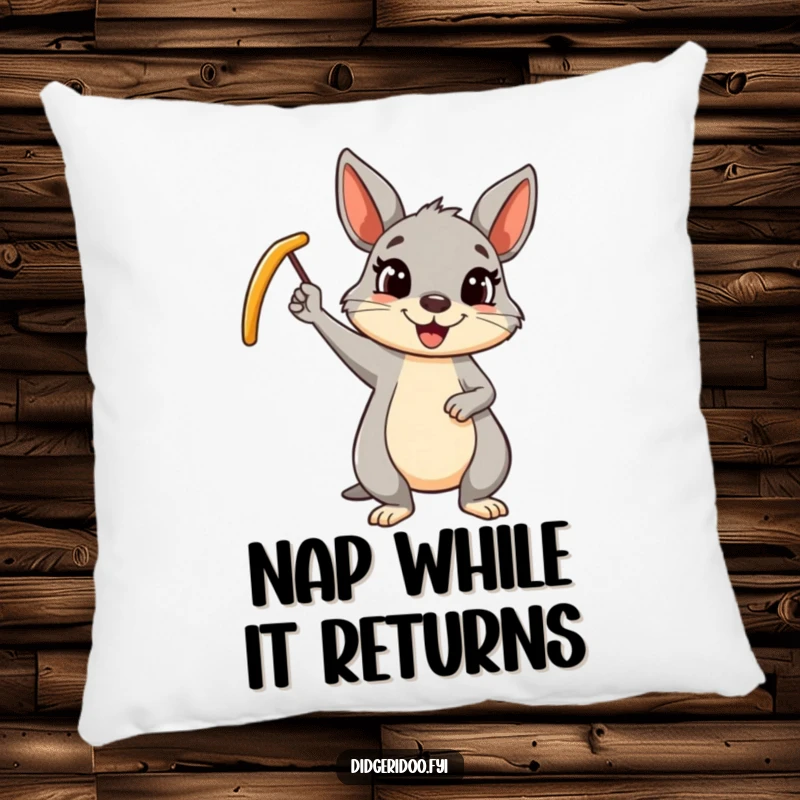 Funny wallaby boomerang pillow with a cheerful cartoon wallaby waving a boomerang, a soft and humorous decorative gift.