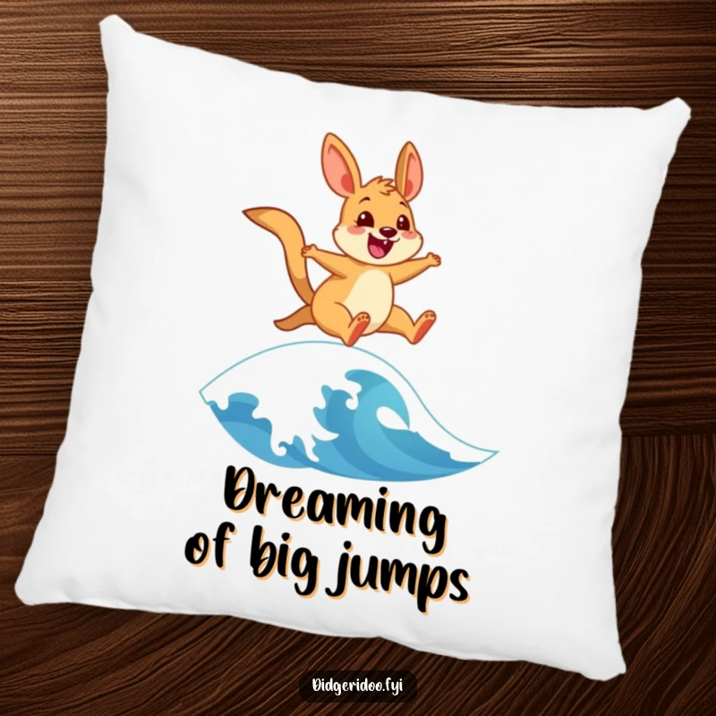 Funny pillow showcasing a cheerful wallaby in mid-air, leaping over a stylized wave, adding playful comfort and humor to any room.