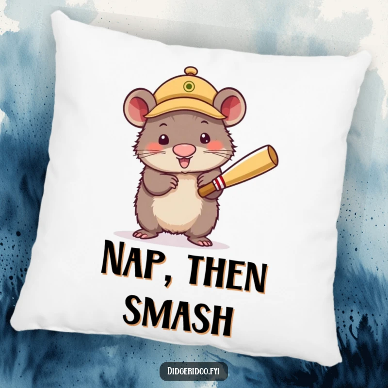 Funny Pillow showcasing a wobbly wombat in a cricket cap, enthusiastically batting. A soft and humorous decorative piece.