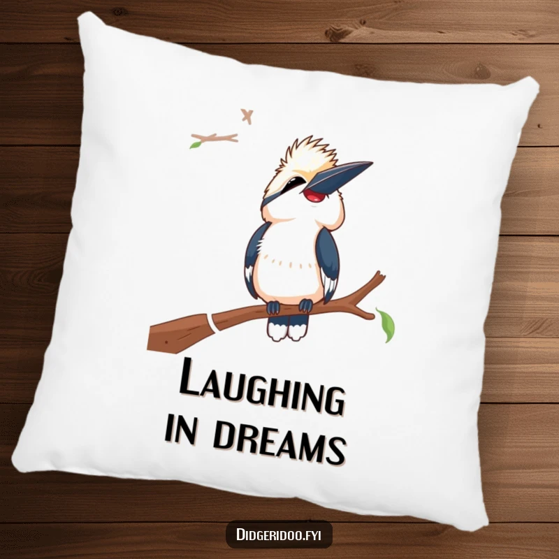 Funny Laughing Kookaburra Pillow: A soft pillow featuring a kookaburra head tilted back, laughing heartily on a branch.