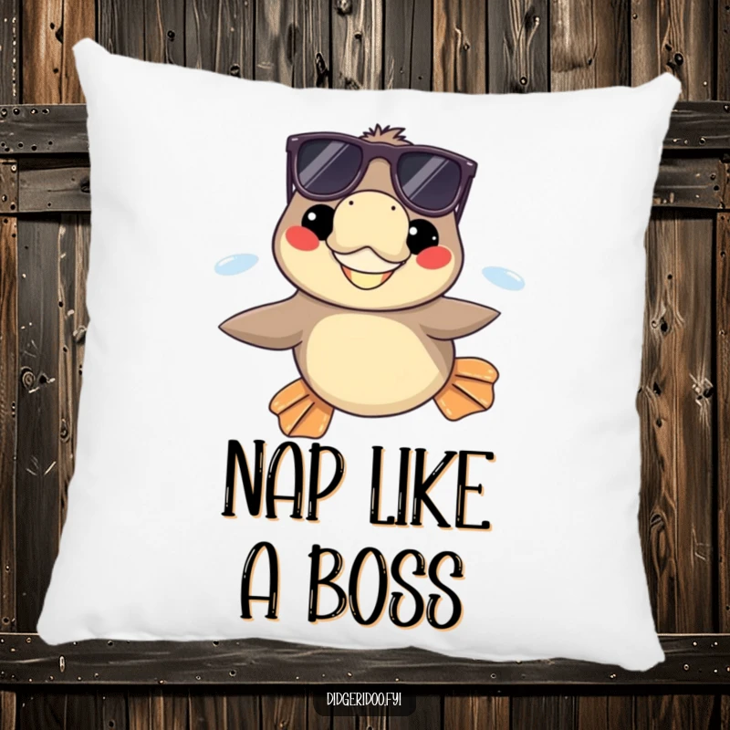 Funny platypus with sunglasses grinning, swimming with flippers extended on a pillow, offering comfort and a touch of aquatic humor.
