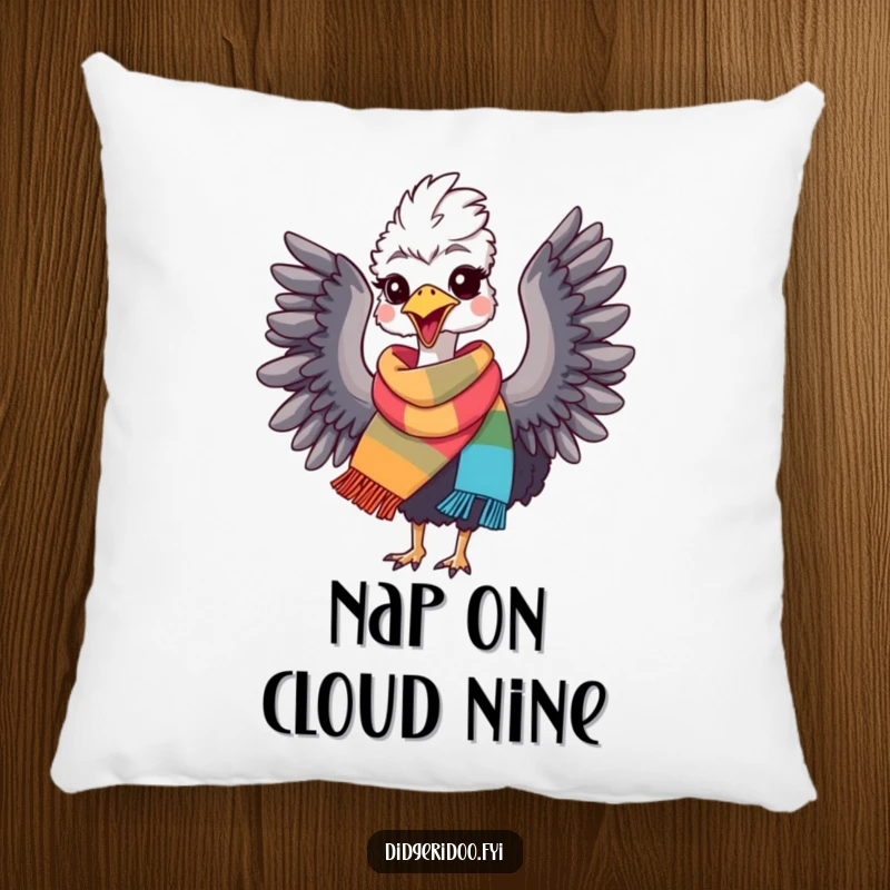 Funny Emu Pillow: Soft cushion featuring a joyful emu wearing a scarf and flapping wings with happiness. Great funny gift.