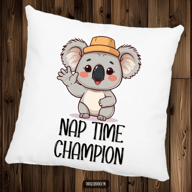 Funny Koala Pillow: a plush cushion featuring a proud koala in a cork hat, waving hello with a cheerful and humorous expression.