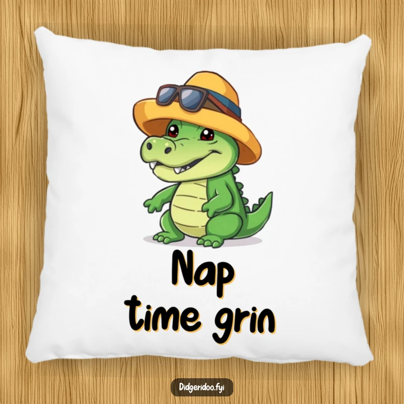 Funny crocodile pillow, wearing a cool hat, giving a friendly toothy grin, soft and humorous home decor.
