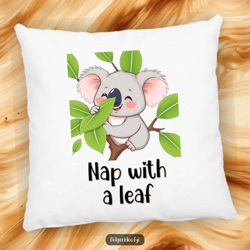 Funny koala character pillow, smiling and balancing a eucalyptus leaf on its nose, offering a soft touch of calm, cute, and humorous comfort.