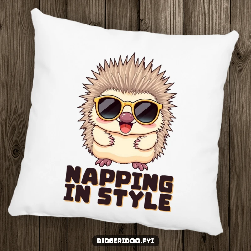 Funny echidna sporting fashionable sunglasses, looking remarkably cool and exuding a hilariously serene and happy vibe.