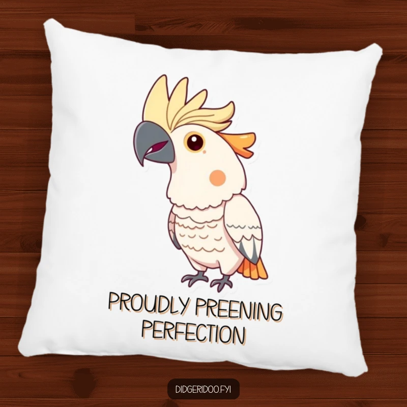Funny cockatoo pillow featuring a soft, plush bird with a bright, puffed-out crest, embodying pride and striking beauty.