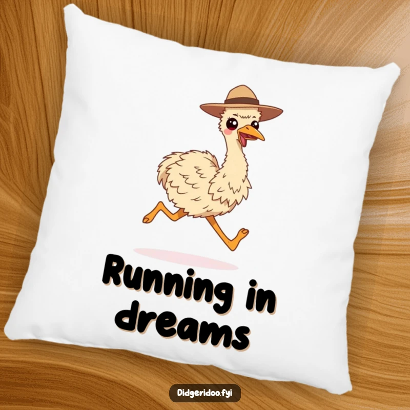 Funny pillow with a smiling emu wearing a hat, running with long strides, offering comfort and a boost of energy.