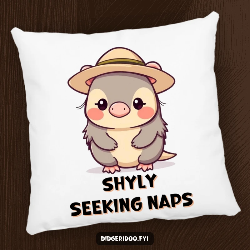 Funny, shy platypus character wearing a miniature wide-brimmed hat, pictured on a soft pillow for decorative comfort and subtle humor.