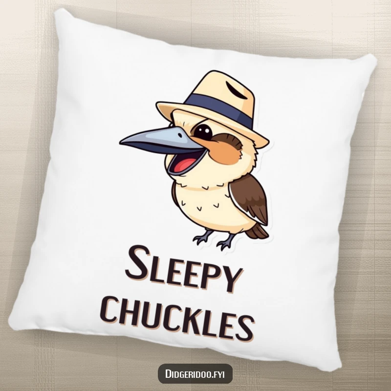 Funny kookaburra in a tiny Akubra, head tilted back in hilarious laughter, a soft and humorous decorative item.